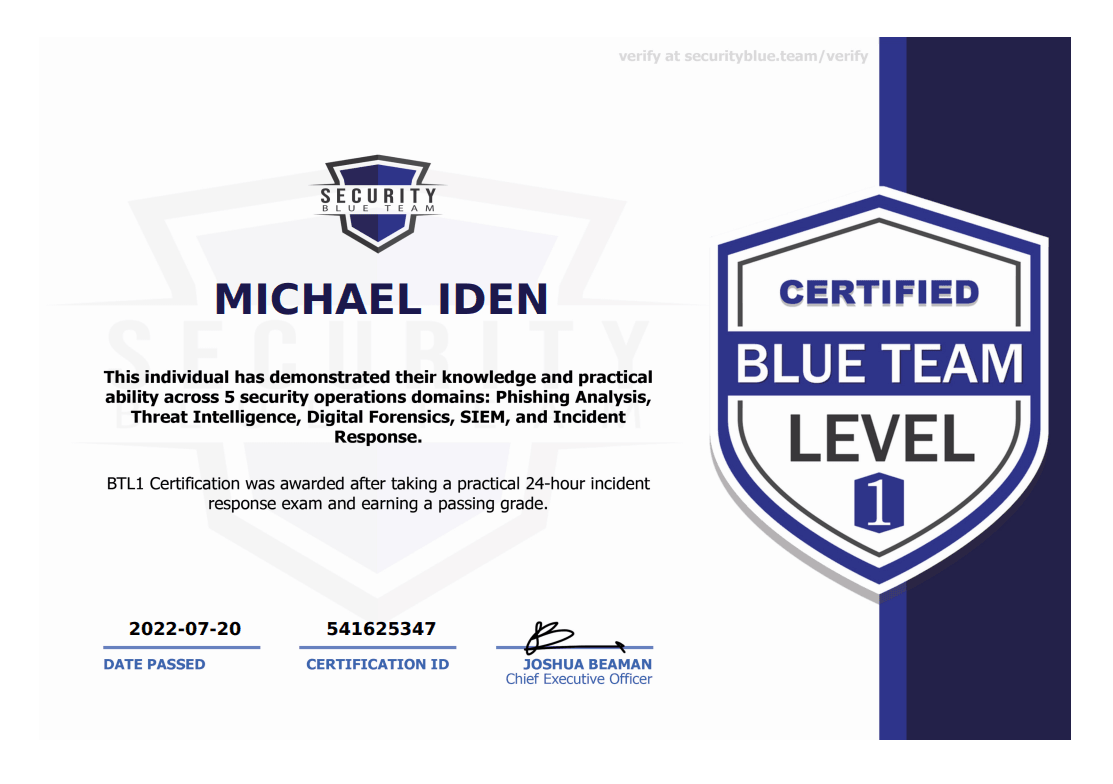 BTL1 Certificate